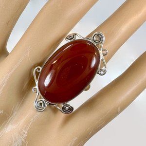 Carnelian Ring, Sterling Silver, Long, Oval, Large Stone, Big Statement, Size 5